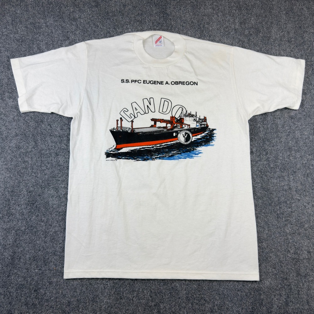 Vintage Jerzees SS PFC Eugene A Obregon Can Do Ship T-Shirt White Large USA Made
